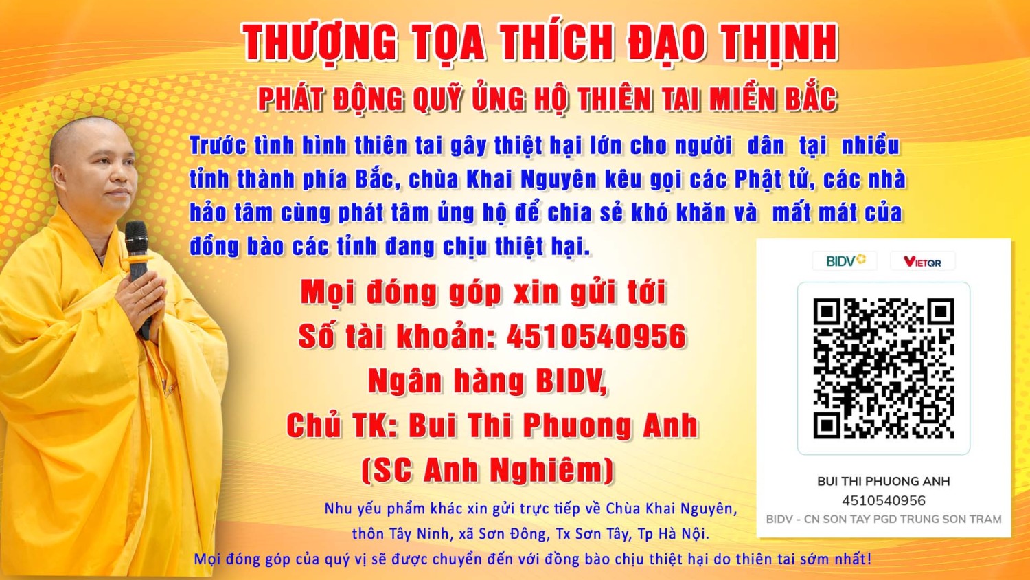 CHÙA KHAI NGUYÊN PHÁT ĐỘNG QUỸ ỦNG HỘ THIÊN TAI CÁC TỈNH MIỀN BẮC